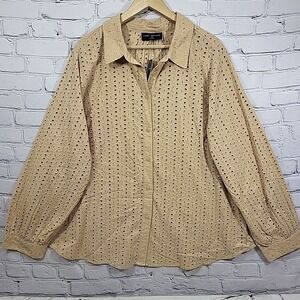 Lane Bryant Eyelet Blouse Womens Plus 26/28 Tan Button Front No Peek Shirt New